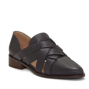 NWOT Lucky Brand Preekah Woven Leather Skimmer Black Boho Transitional Size 8.5